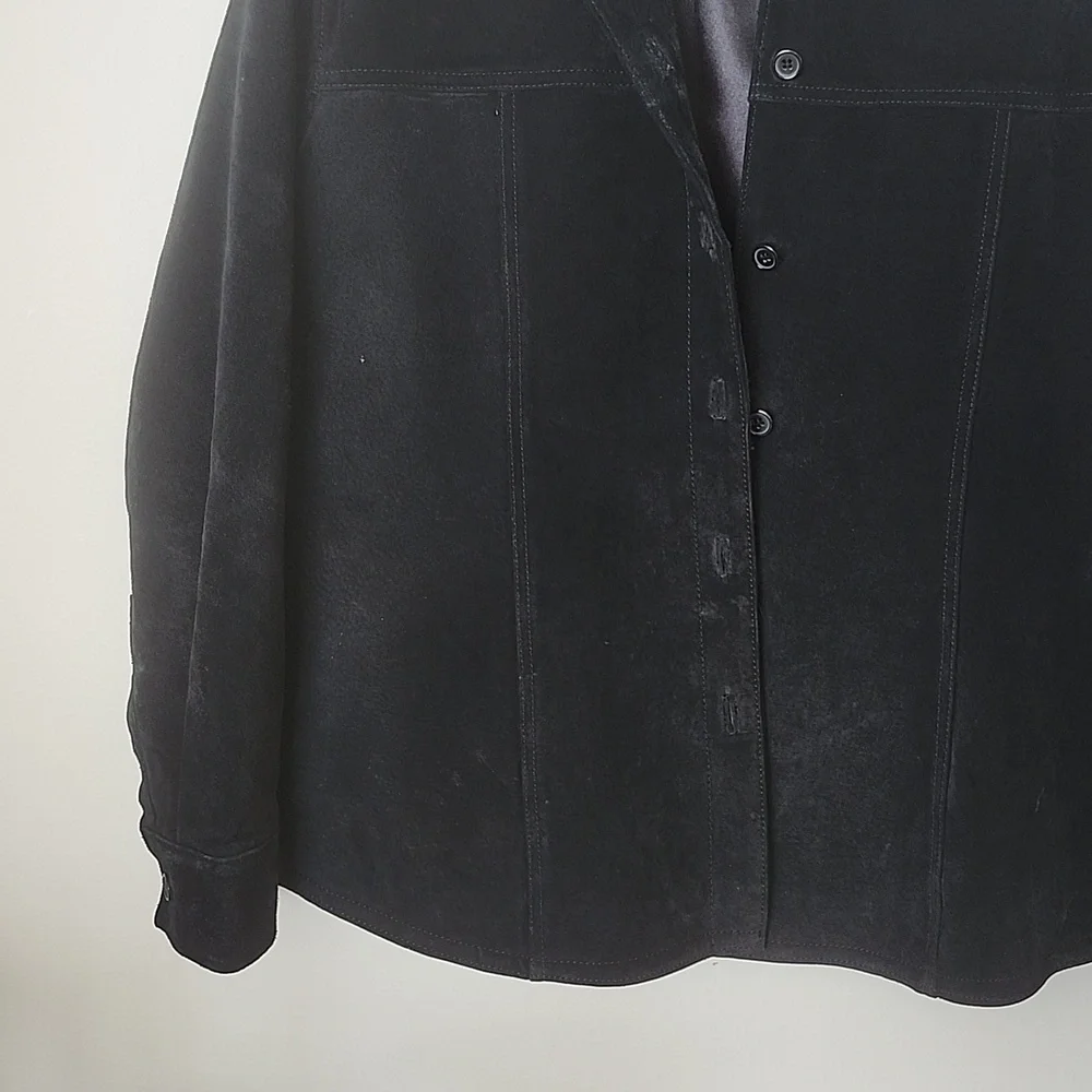 Vintage AMI black genuine leather button up jacket, satin lined, women's large